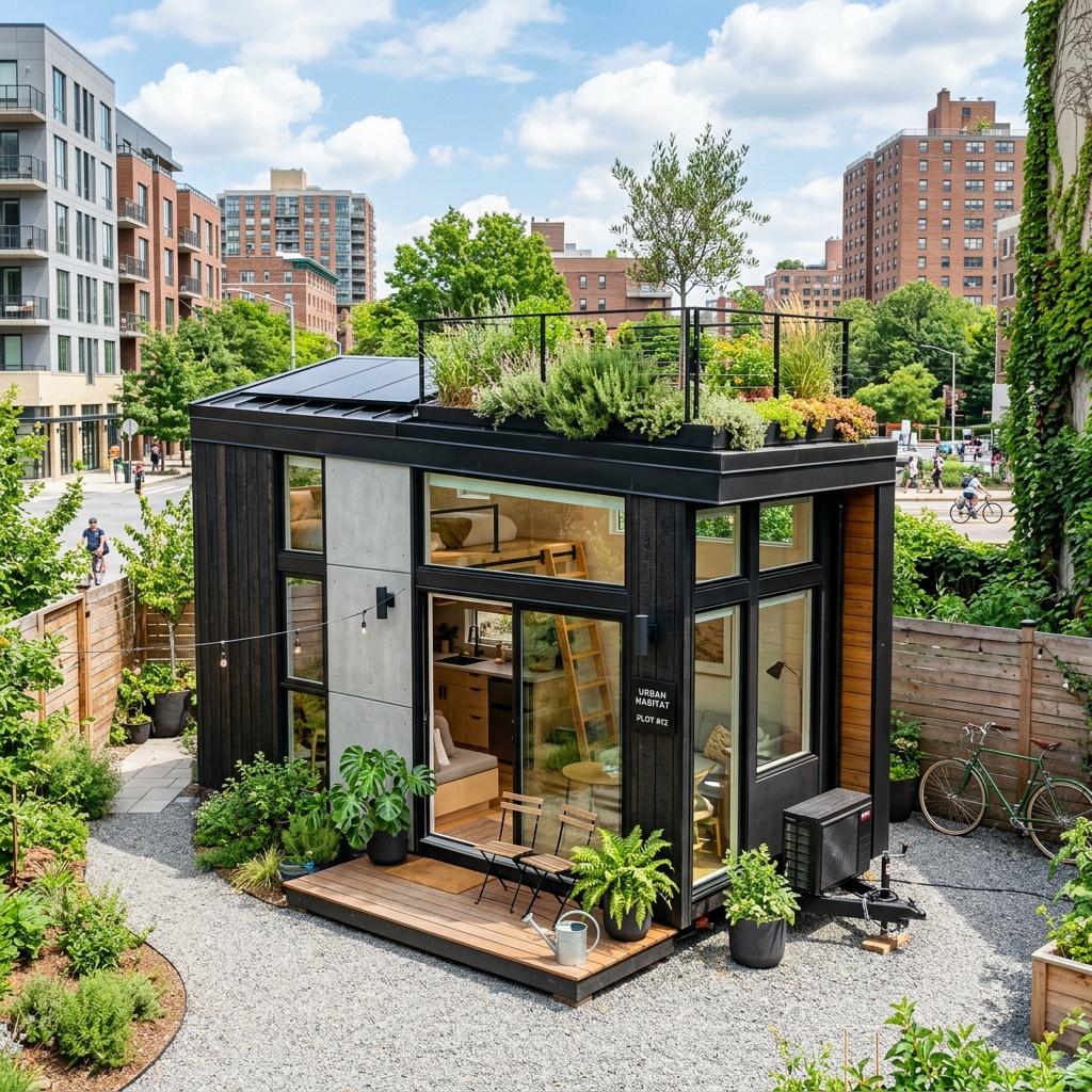 Custom tiny house on rented urban land with rooftop garden and city backdrop.