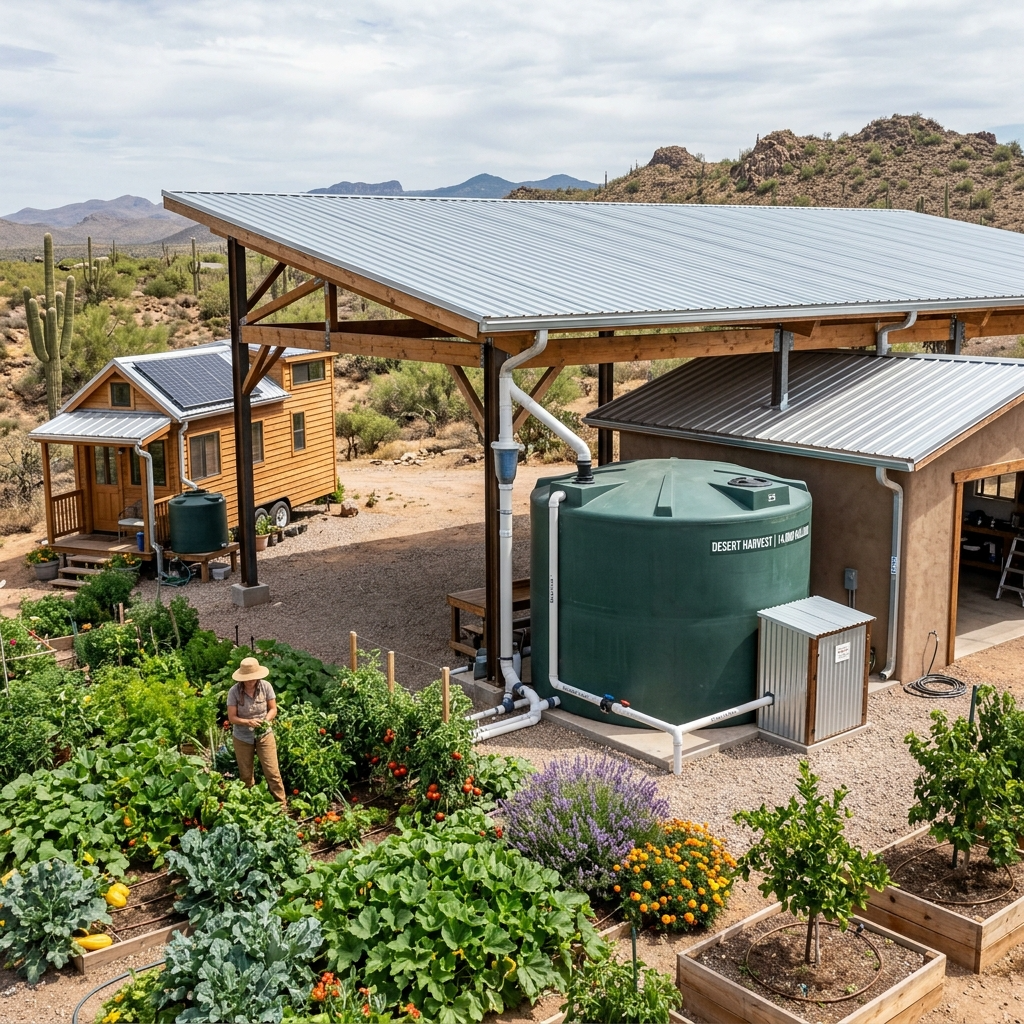 DIY rainwater harvesting system with large tank and garden in Arizona desert.