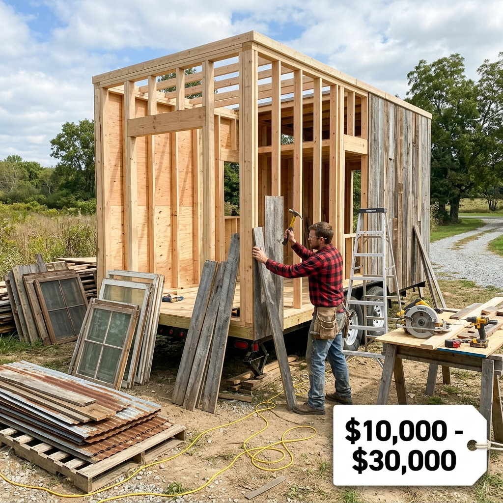 DIY tiny house under construction with salvaged materials, showing hands-on building process costing $10,000-$30,000.
