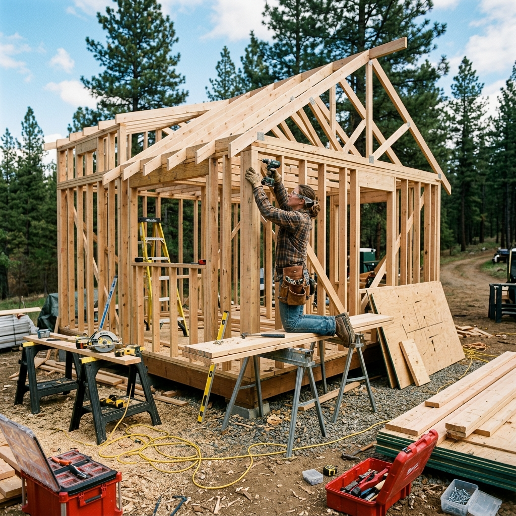DIY tiny house under construction with tools and a builder.