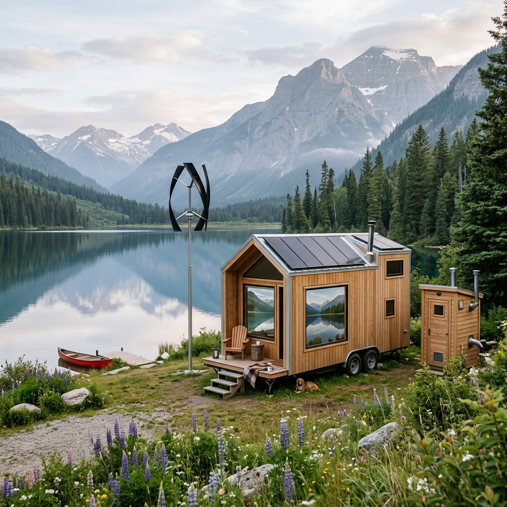 Eco-friendly tiny house near a lake with solar panels and a wind turbine.