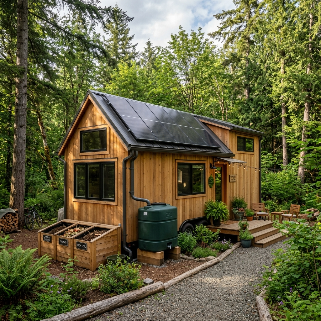 Eco-friendly tiny house on rented land with solar panels, rainwater collection, and composting area.