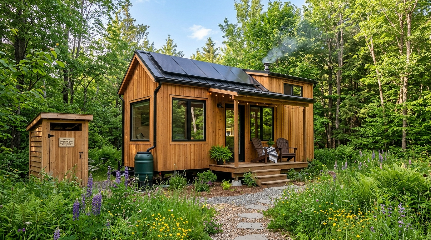 Eco-friendly tiny house with solar panels and composting toilet in a green landscape.