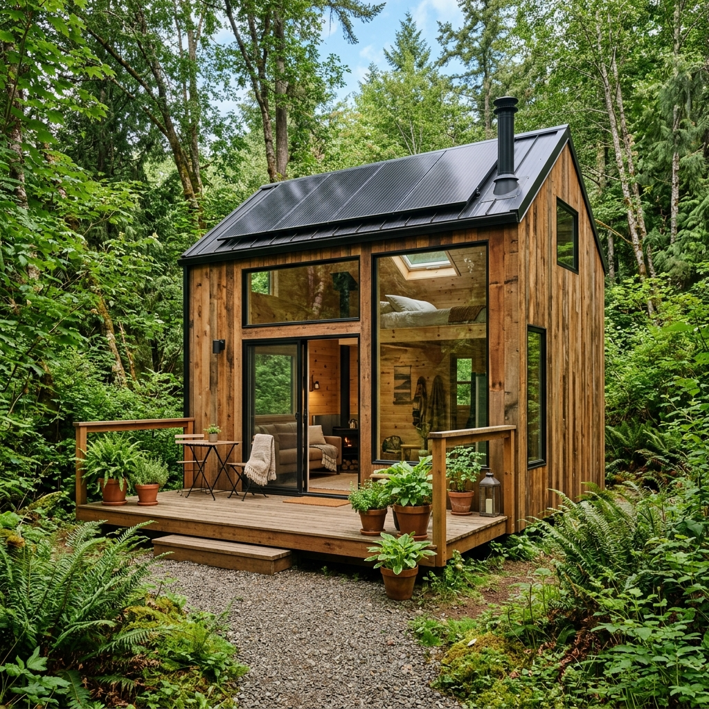 Eco-friendly tiny house with solar panels and reclaimed wood design in a green setting.