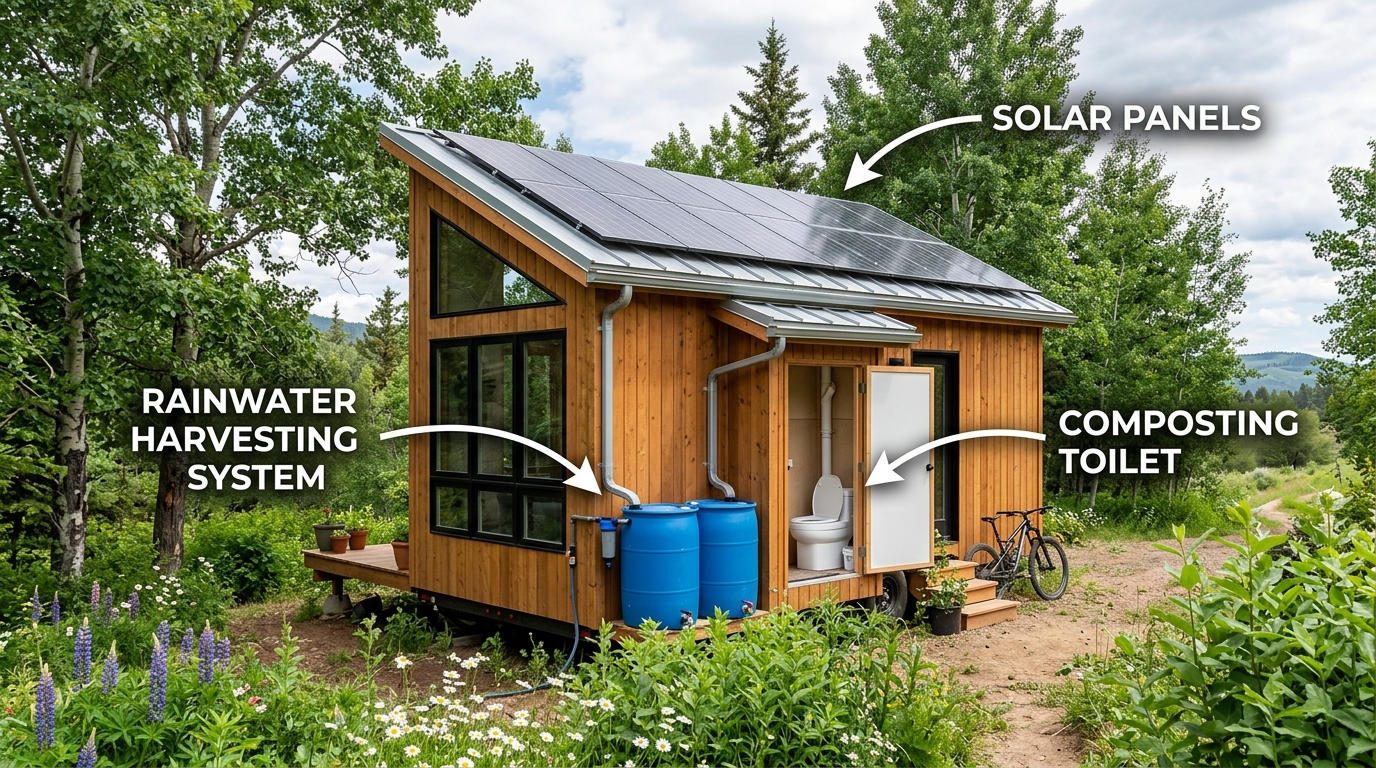 Eco-friendly tiny house with solar panels, composting toilet, and rainwater harvesting system.