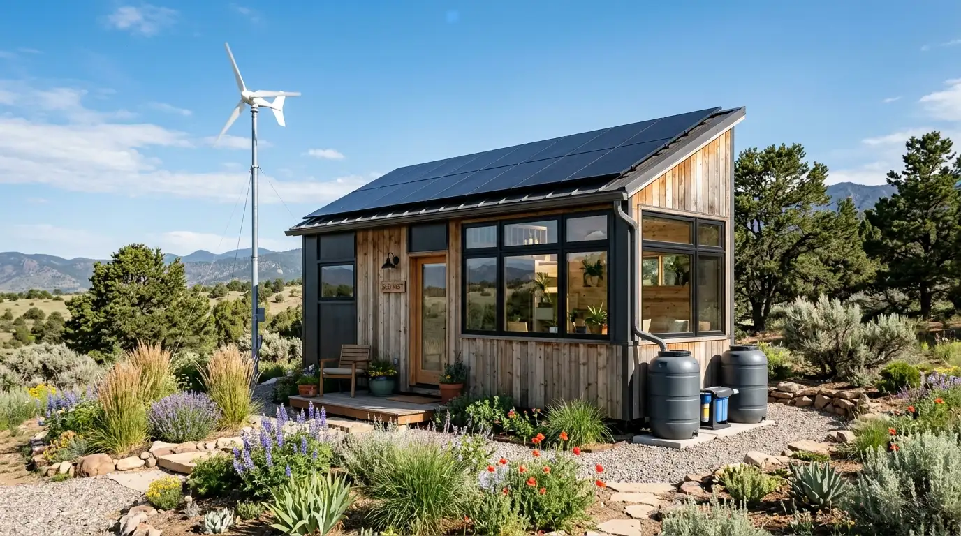 Eco-friendly tiny house with solar panels, wind turbines, and sustainable landscaping.