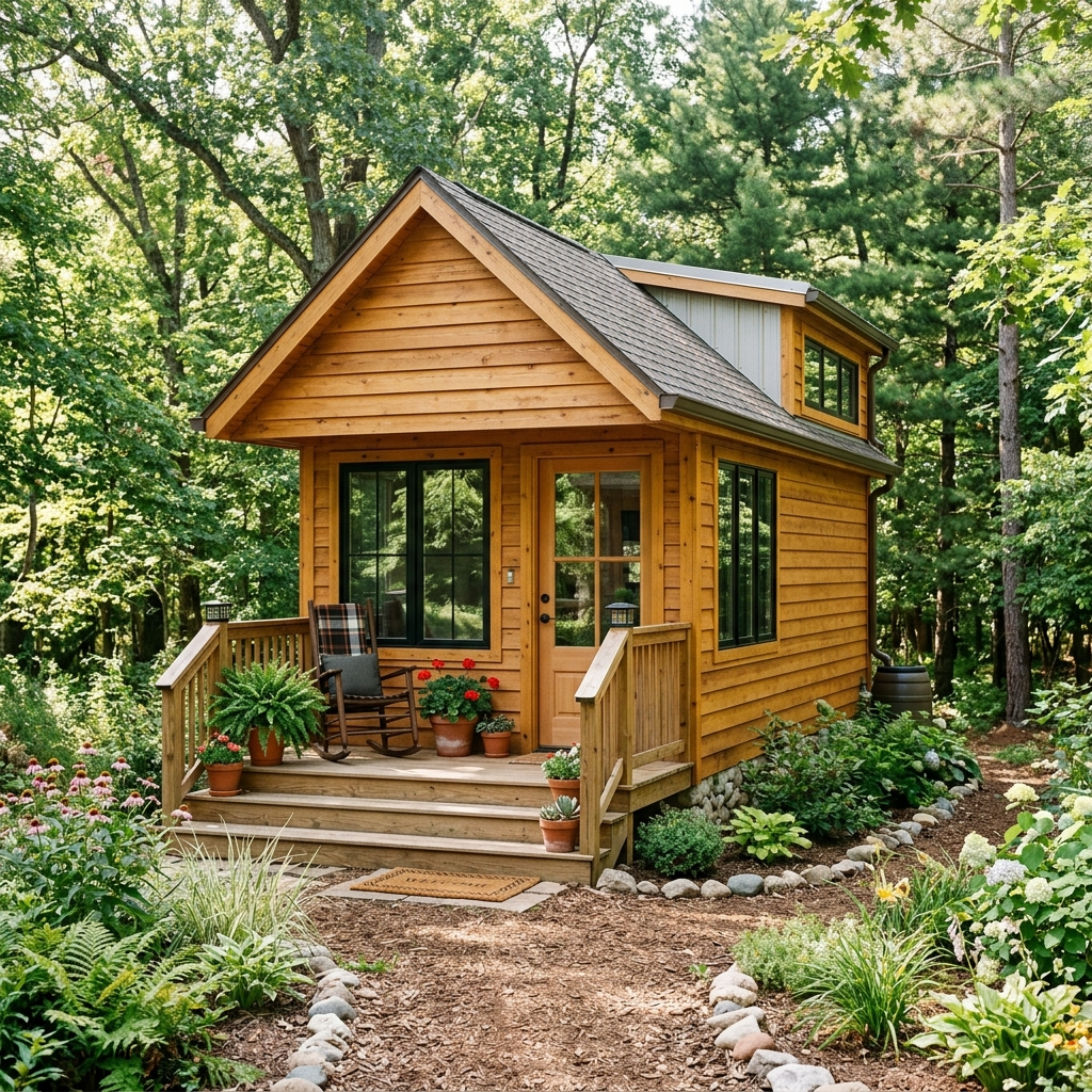 Exterior of a two-bedroom tiny house with natural wood siding and a small porch in a green setting.