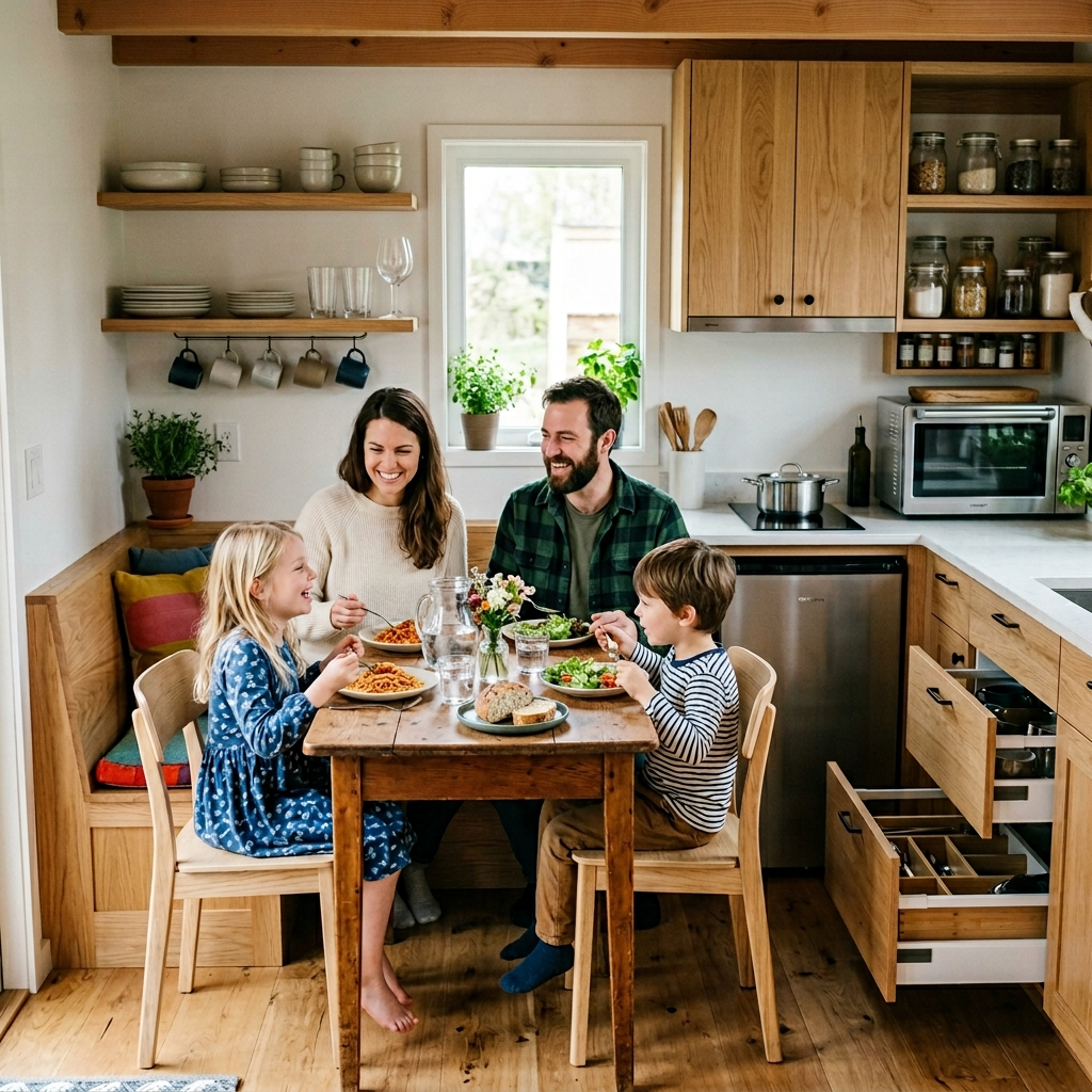 Family dining in a two-bedroom tiny house kitchen with compact appliances and pull-out drawers.