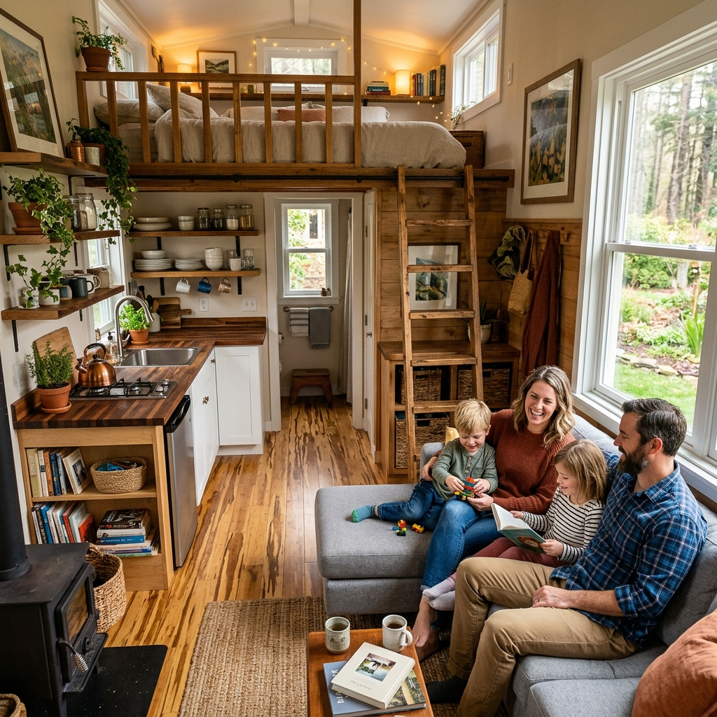 Family enjoying life inside a two-bedroom tiny house with bamboo flooring and a visible loft bedroom.