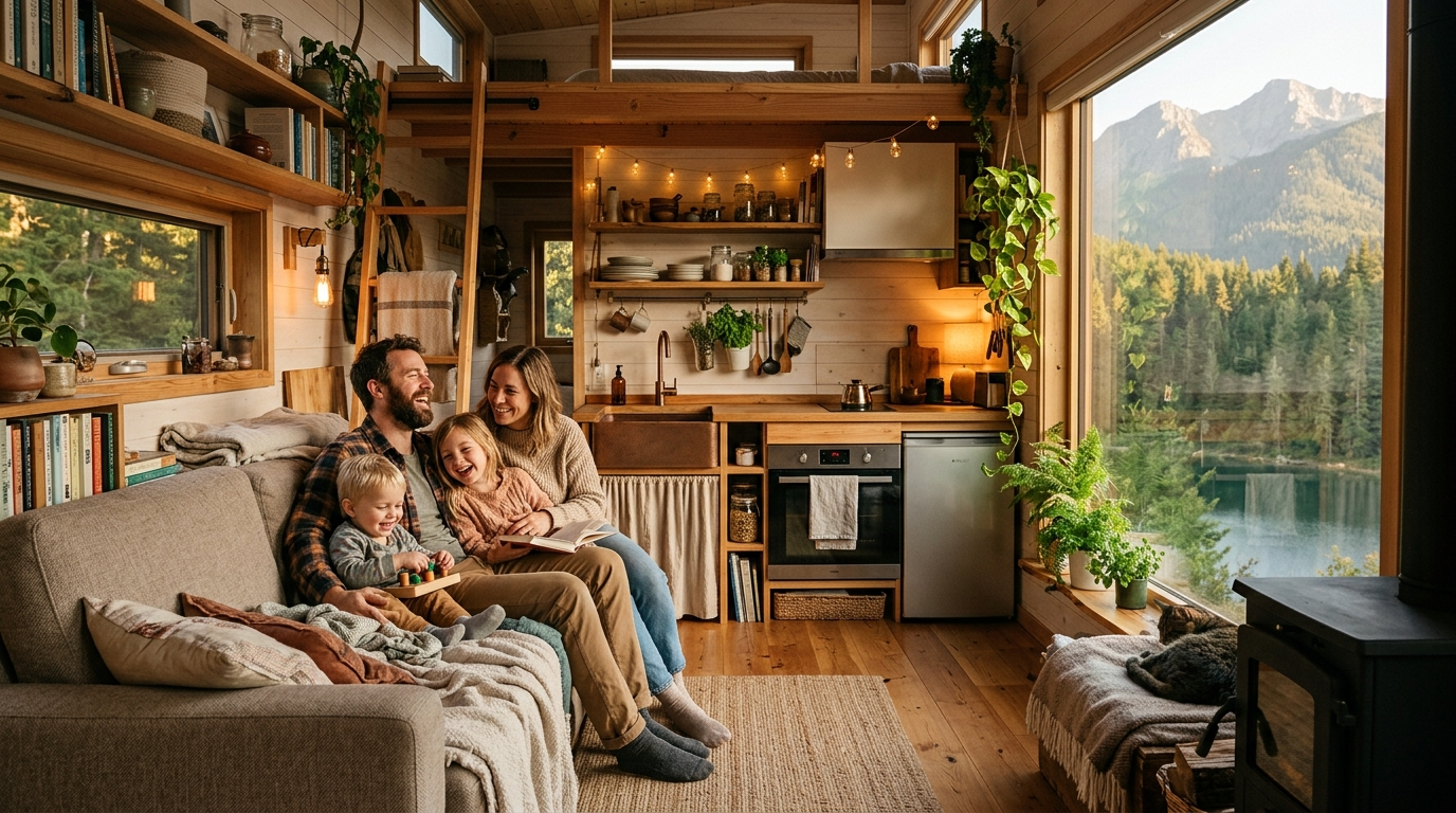 Family enjoying the interior of a mobile tiny house parked in a scenic location.