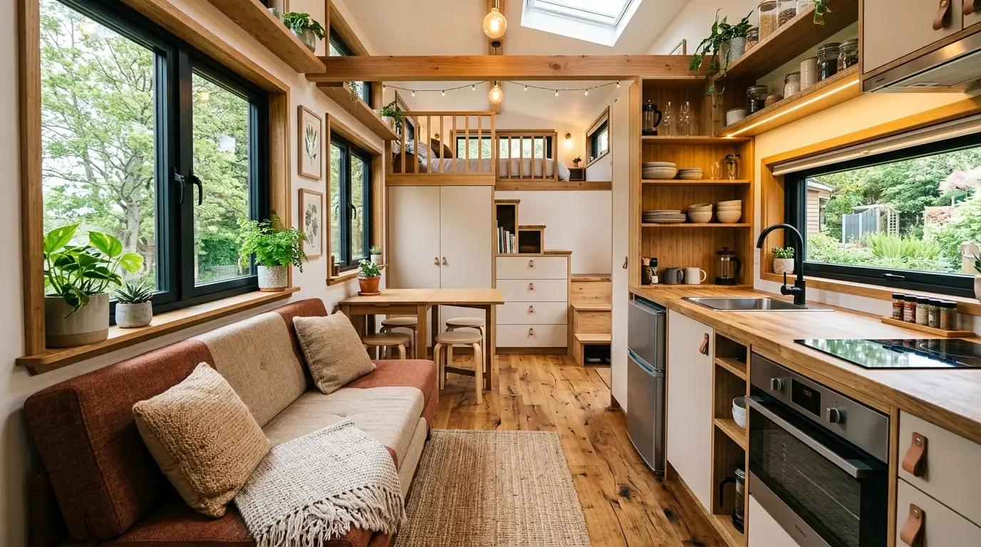 Finished tiny house interior with eco-friendly materials, multi-functional furniture, and natural light.