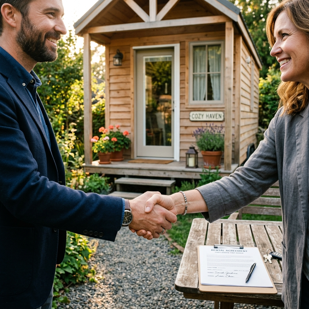 Handshake in front of a tiny house symbolizing rental agreement negotiation.