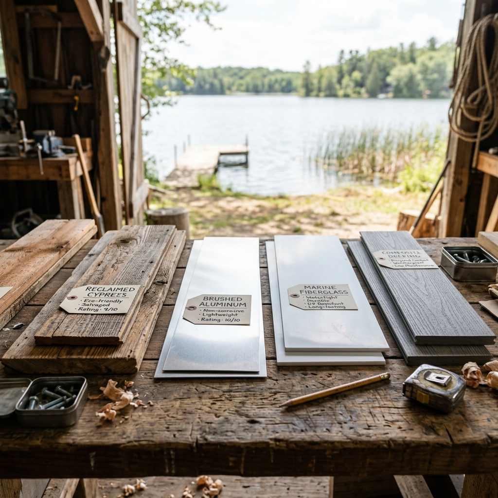 Houseboat building materials like reclaimed wood, aluminum, and fiberglass displayed on a workbench.