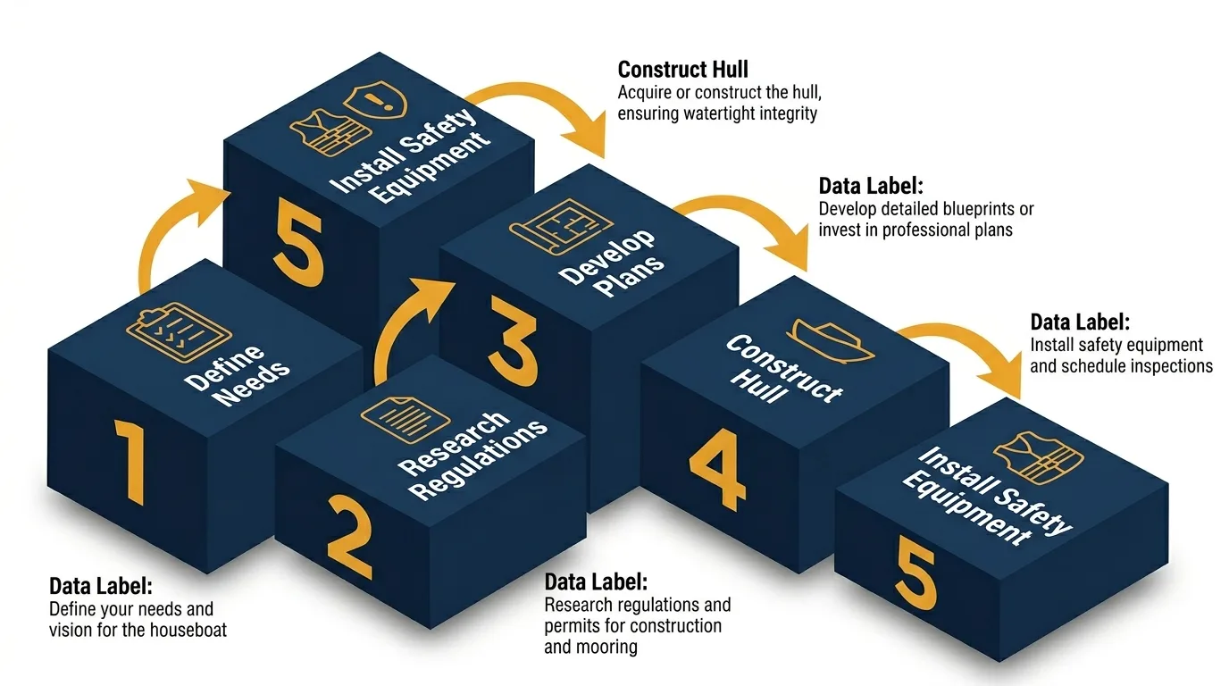 Infographic: 3D isometric steps for building a DIY houseboat.