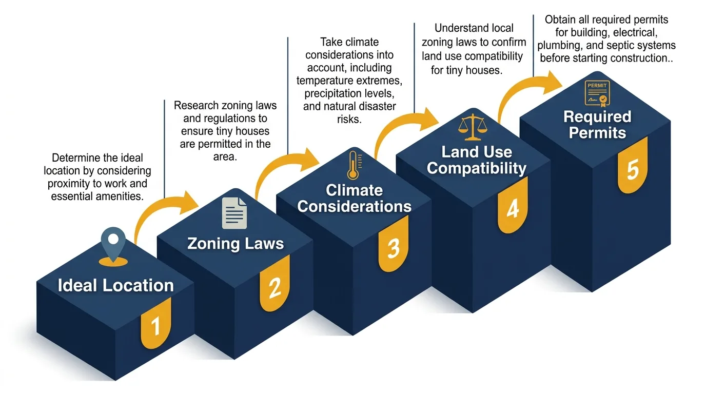 Infographic: 3D steps for buying land for tiny houses, showing location, zoning, climate, and permits.