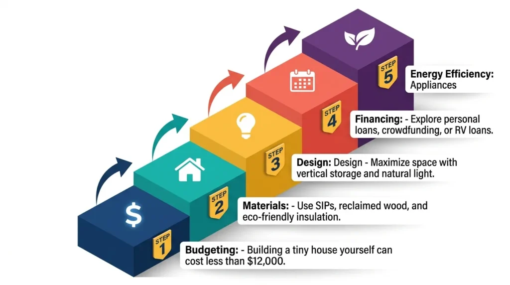Infographic: 5 steps to build a sustainable tiny house with icons and flow arrows.