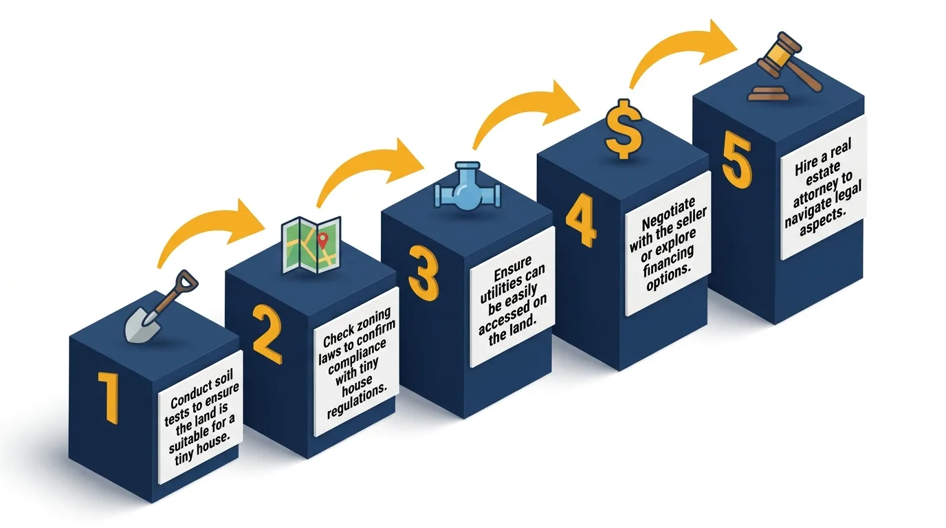 Infographic: 5 steps to buying land for a tiny house with icons and flow arrows.