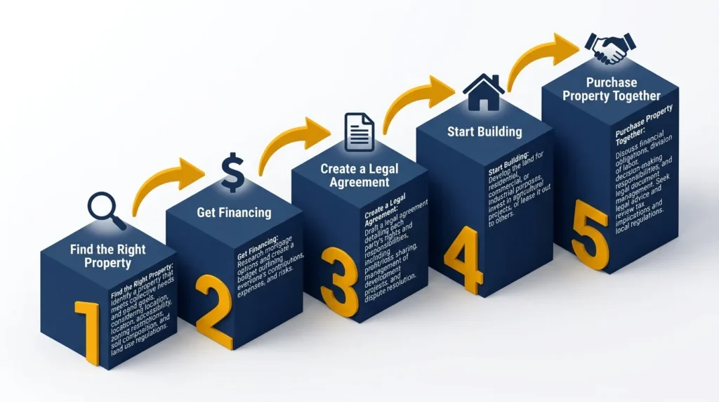 Infographic: 5 steps to buying land with friends, featuring icons and numbered platforms.