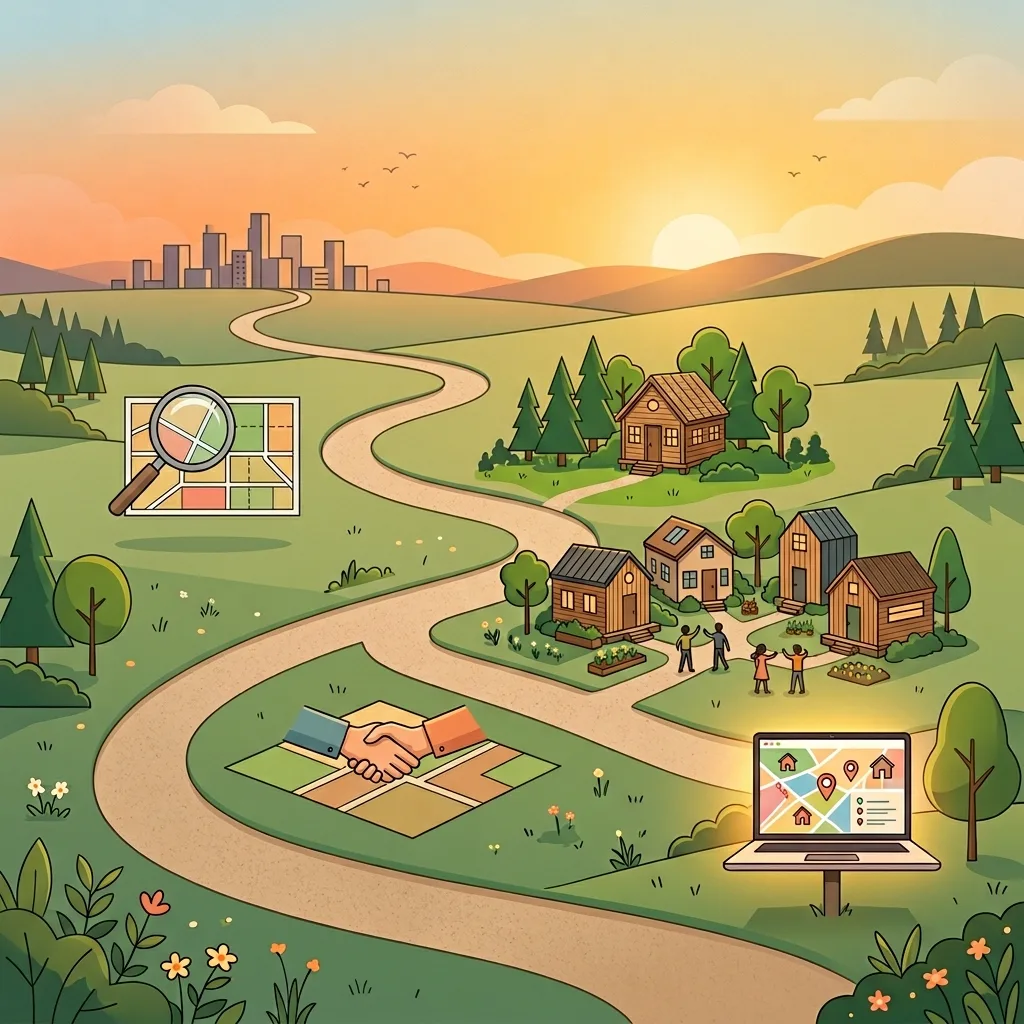 Infographic: 5 steps to find cheap land for tiny houses, including zoning laws, rural areas, online platforms, land-sharing, and tiny house communities.