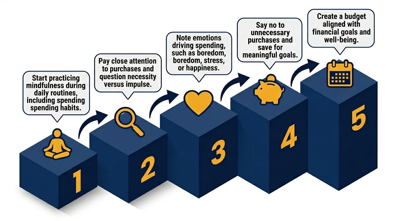 Infographic: 5 steps to mindful spending with icons and flow arrows.