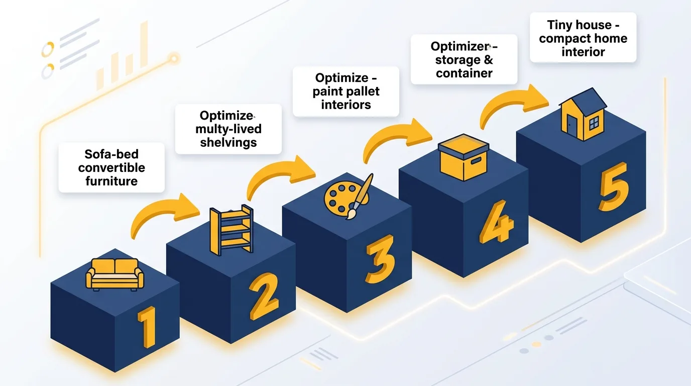 Infographic: 5 steps to optimize tiny house interiors with multi-functional furniture, vertical space, light colors, and storage.