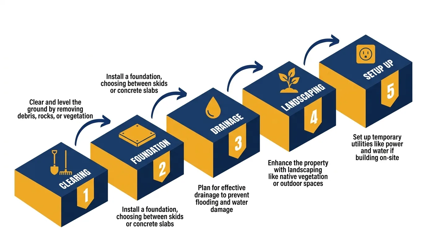 Infographic: 5 steps to prepare land for a tiny house with icons and numbered platforms