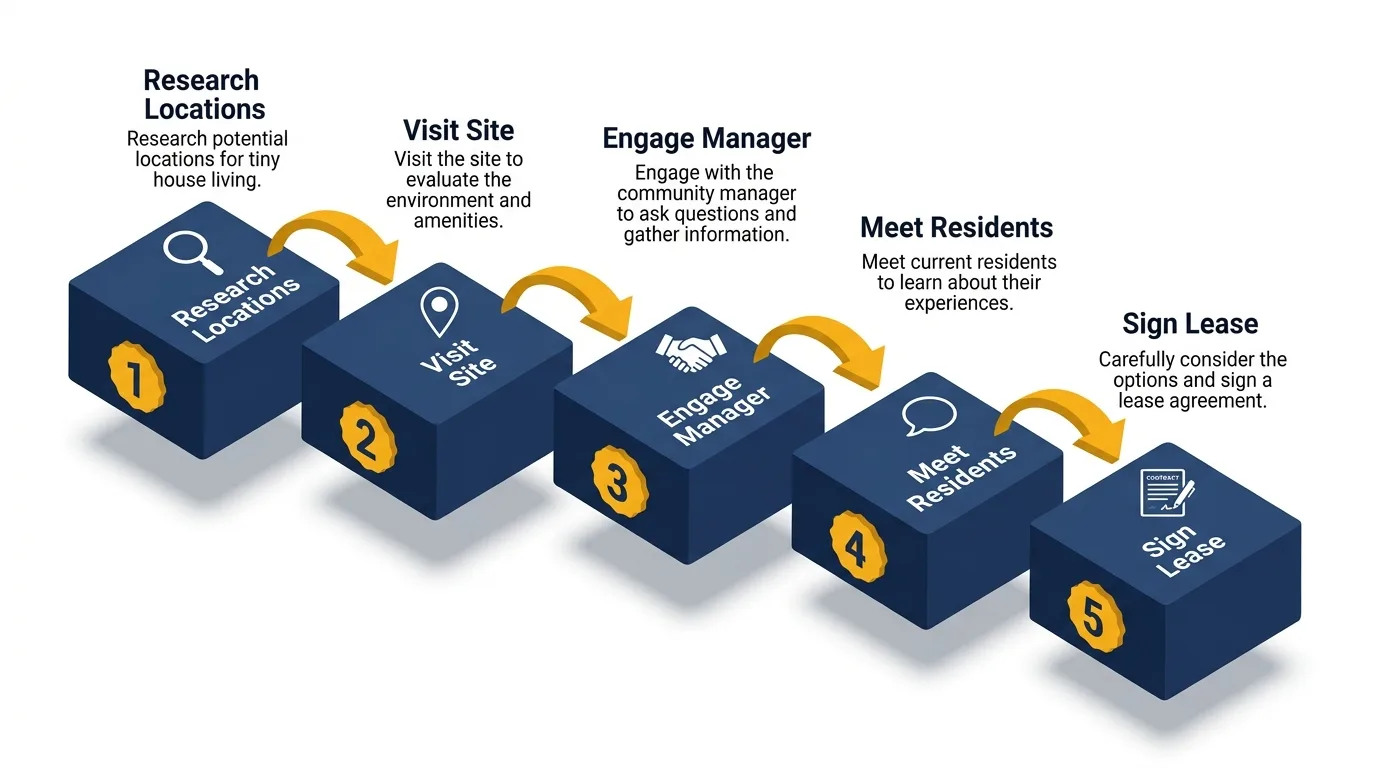 Infographic: 5 steps to rent land for tiny house living with icons and flow arrows.