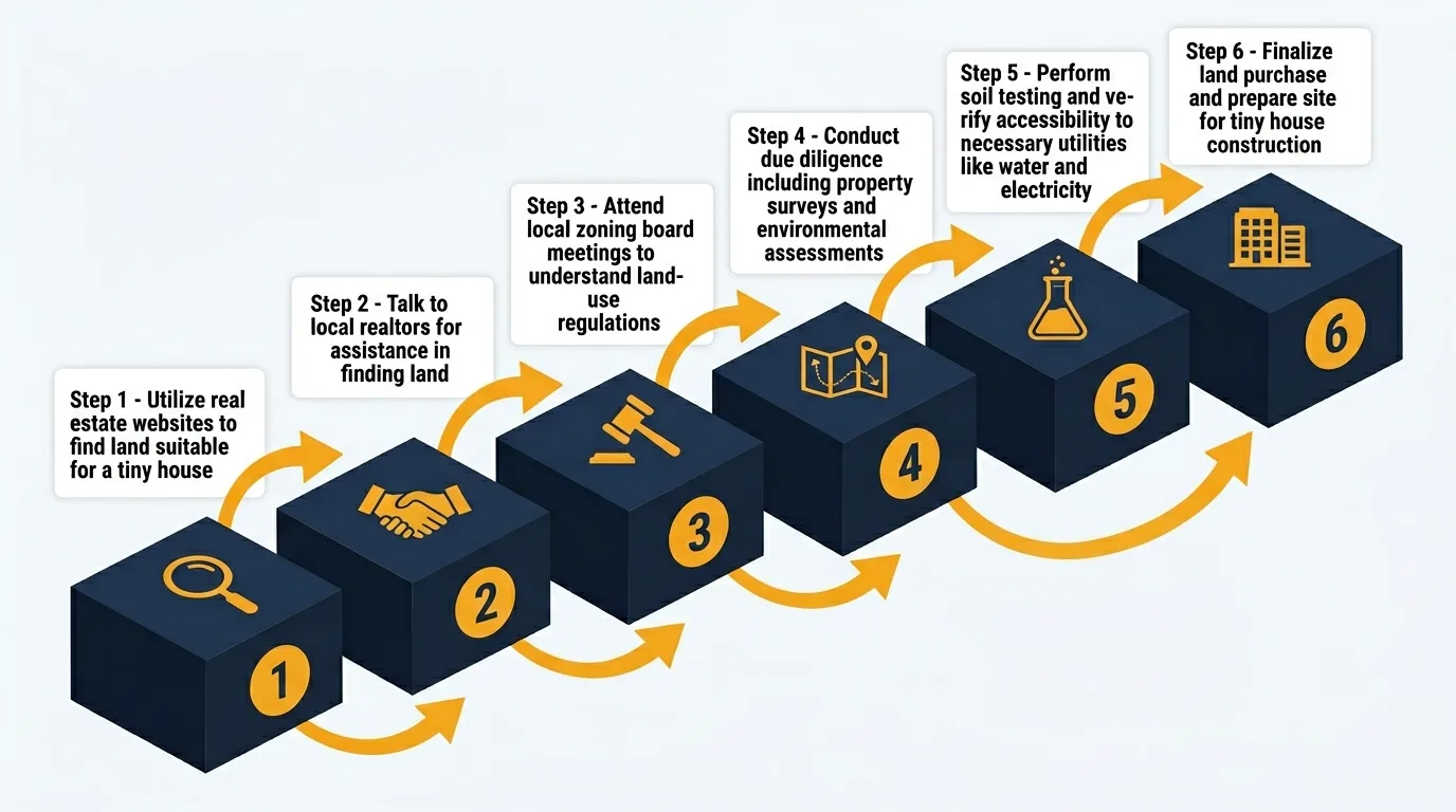 Infographic: 6 steps to find and prepare land for a tiny house.