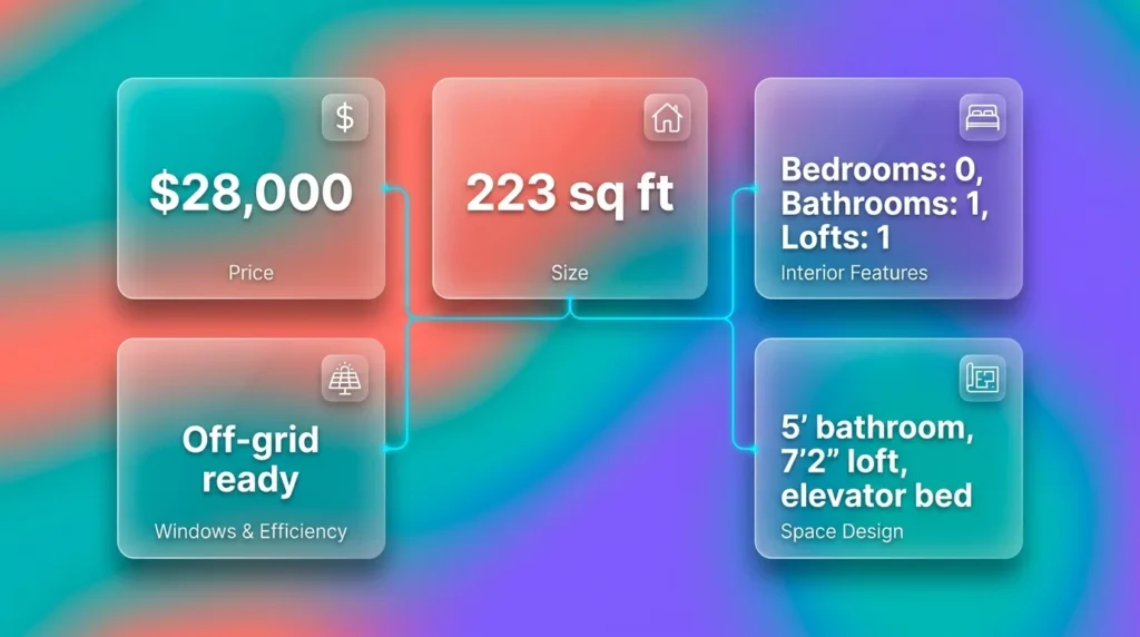 Infographic: Affordable tiny home specs including price, size, features, and off-grid readiness.