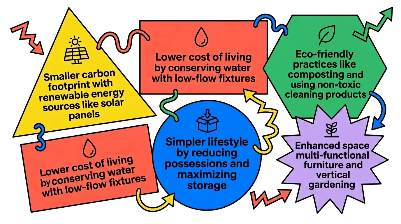 Infographic: Benefits of living in a two bedroom tiny house with icons and bold labels
