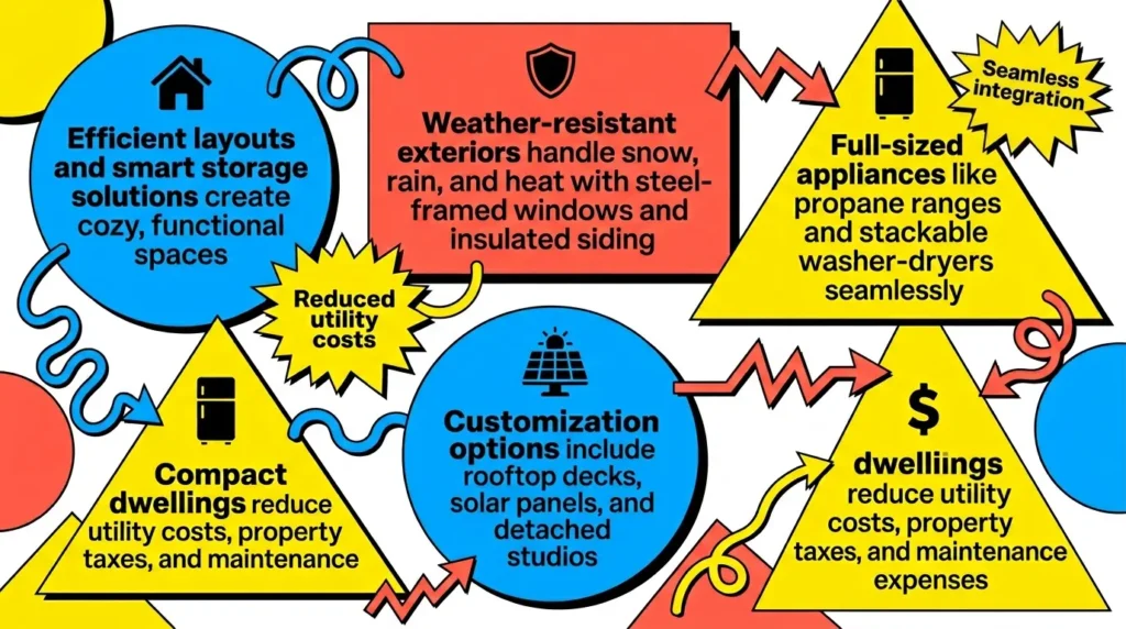 Infographic: Benefits of modern tiny houses with icons, bold labels, and colorful geometric shapes