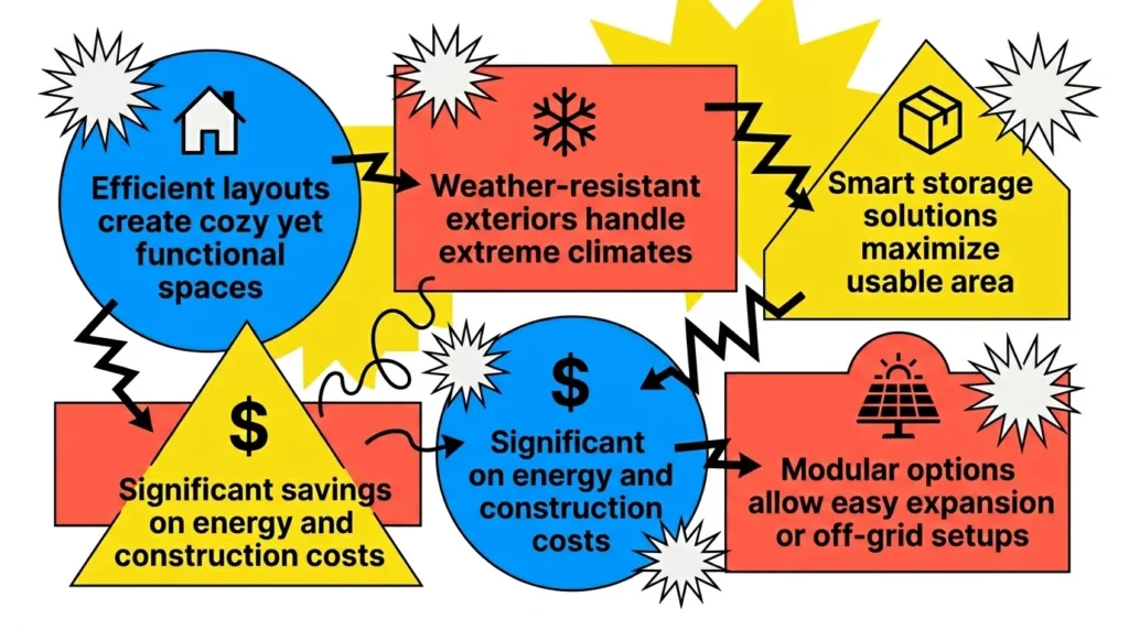 Infographic: Benefits of modern tiny houses with icons, bold labels, and geometric shapes