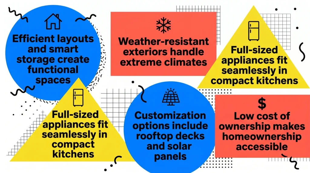 Infographic: Benefits of modern tiny houses with icons, bold labels, and colorful geometric shapes