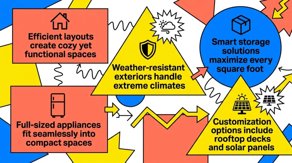 Infographic: Benefits of modern tiny houses with icons and bold labels