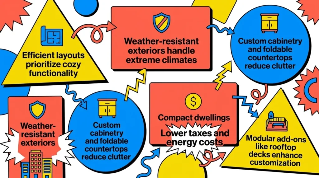 Infographic: Benefits of modern tiny houses with icons and bold labels