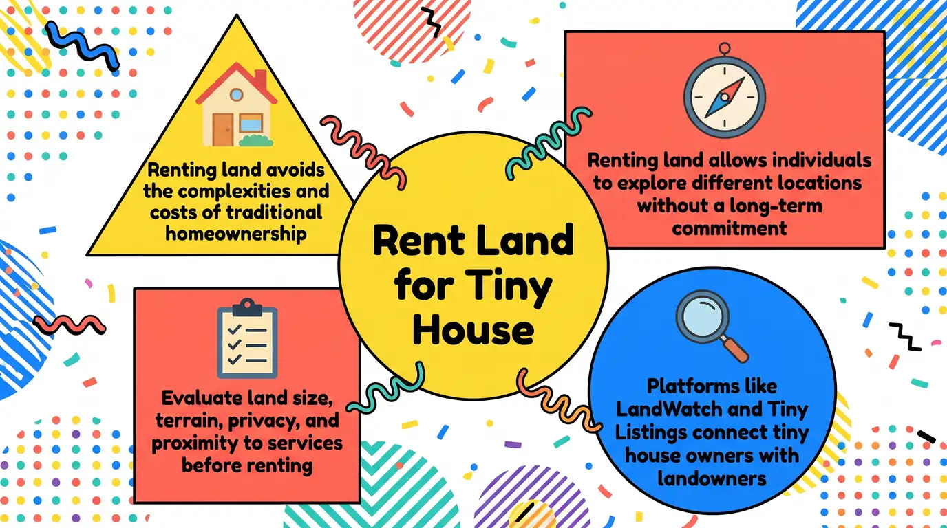 Infographic: Benefits of renting land for tiny houses with icons and colorful geometric shapes.