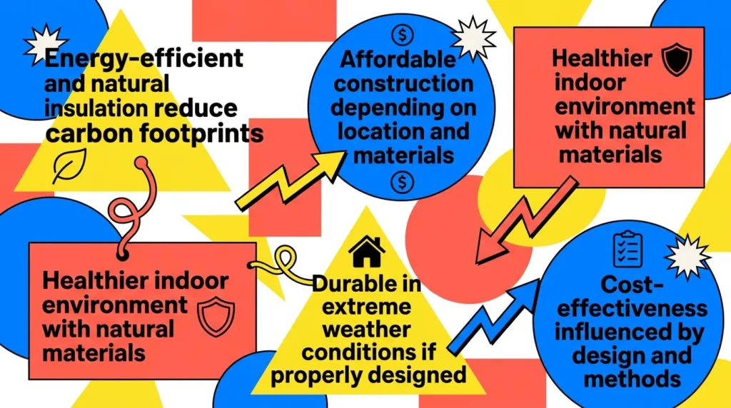 Infographic: Benefits of straw bale houses with icons and colorful geometric shapes