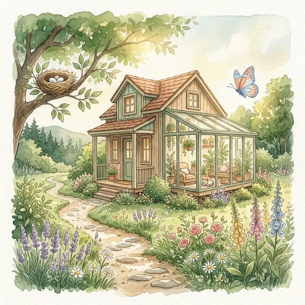 Infographic: Benefits of tiny homes for affordable retirement, featuring downsizing, sunroom living, and sustainable communities.