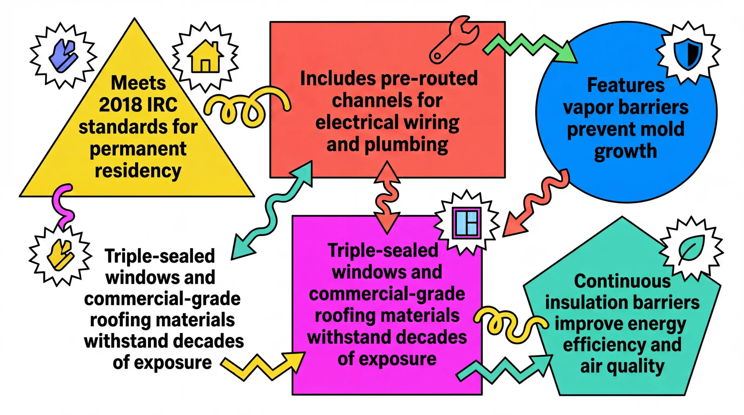 Infographic: Benefits of tiny house shells with icons and bold labels