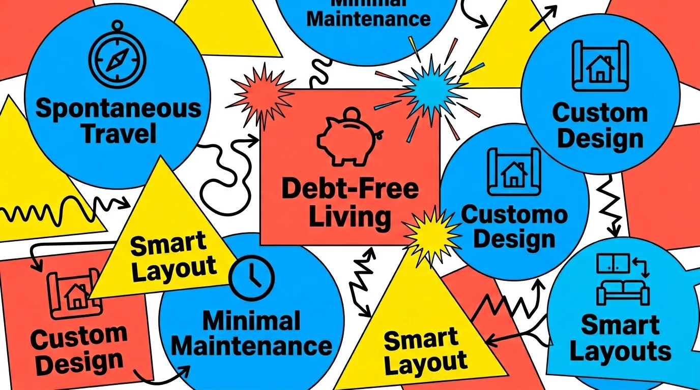 Infographic: Benefits of tiny houses on wheels with icons and bold geometric shapes