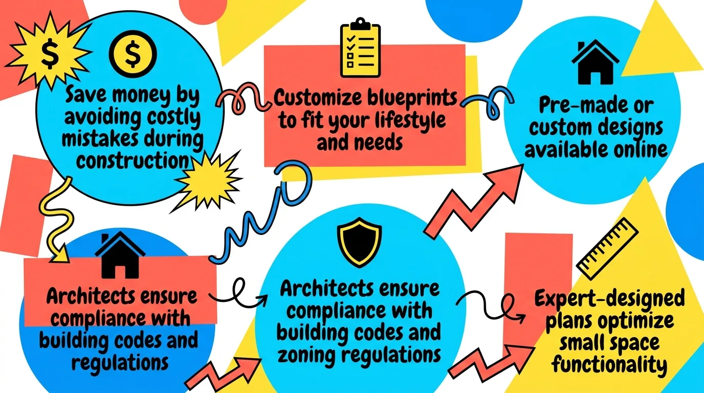 Infographic: Benefits of using tiny house blueprints with icons and colorful geometric shapes