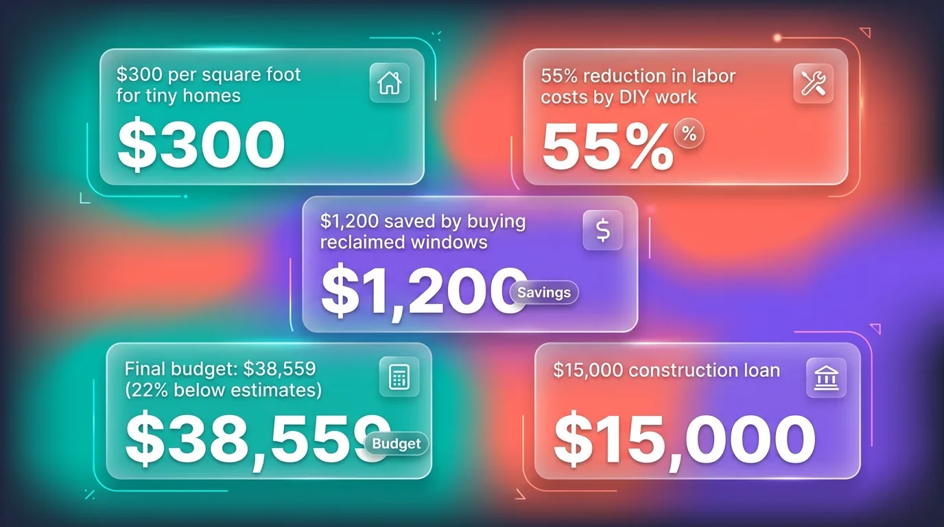 Infographic: Budget stats for tiny house construction, including costs, savings, and financing options.