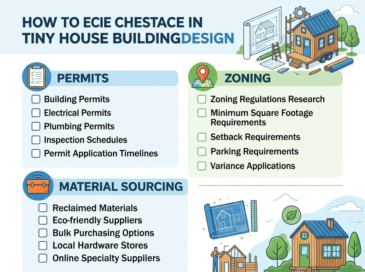 Infographic checklist for overcoming obstacles in tiny house building.