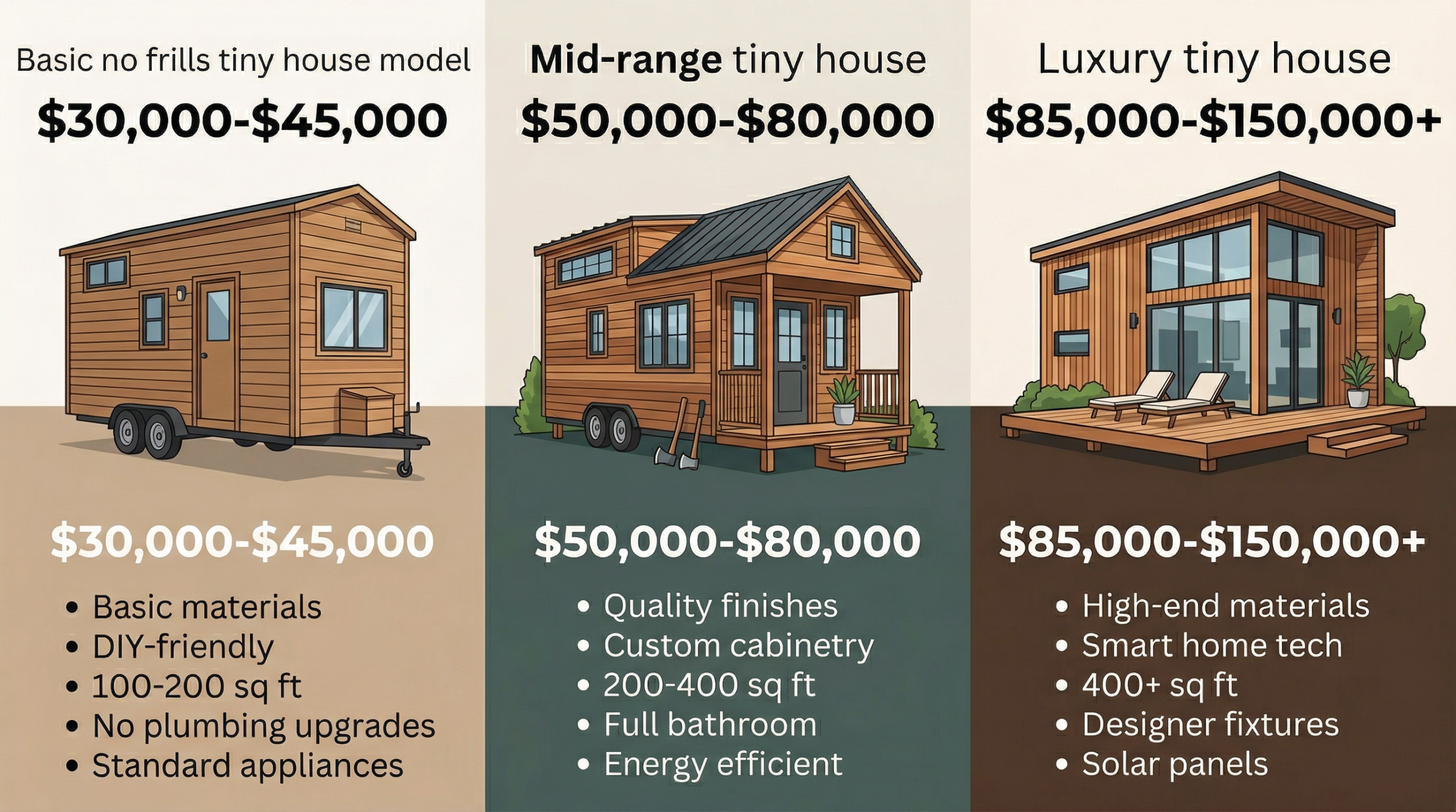 Infographic comparing costs of basic, mid-range, and luxury tiny houses.