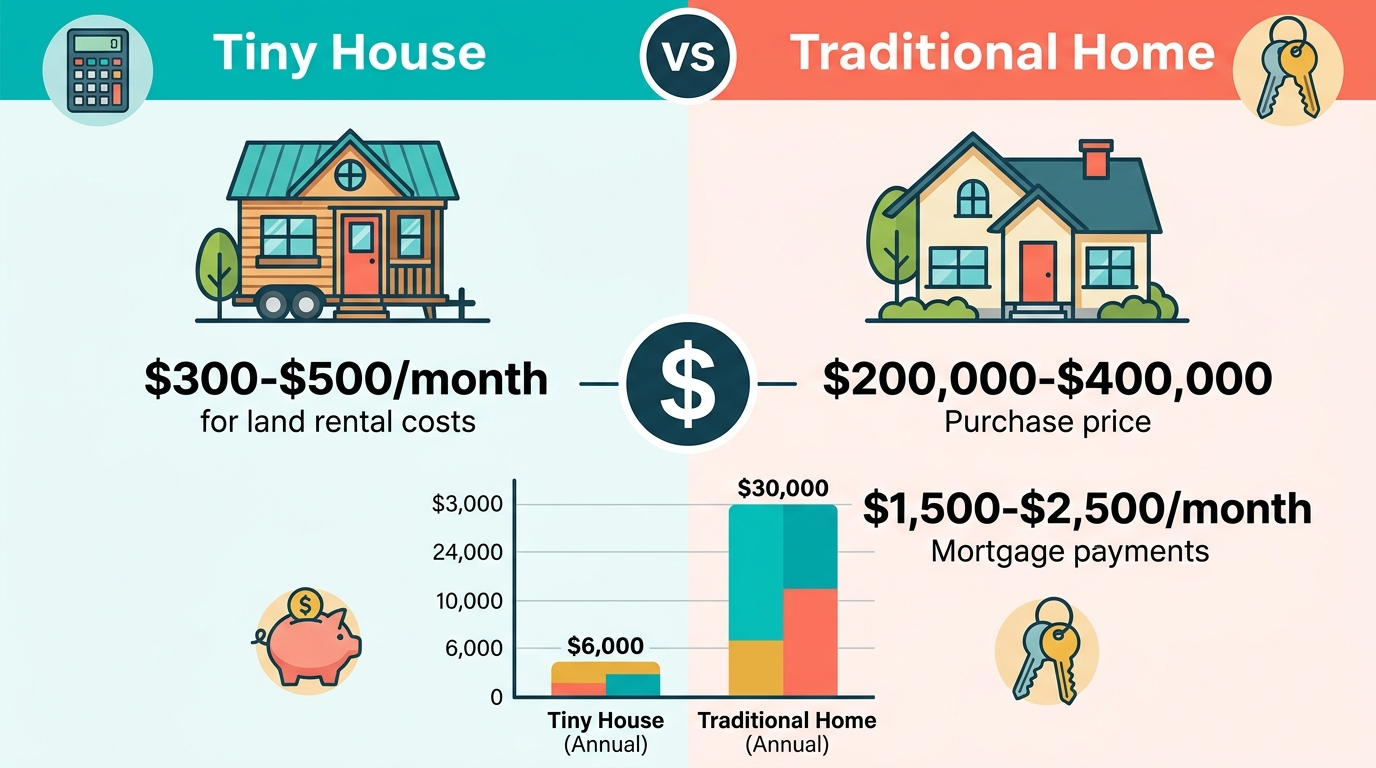 Infographic comparing costs of renting land for tiny houses versus traditional homes.
