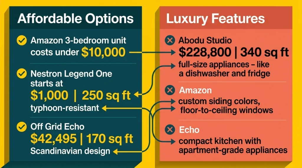 Infographic comparing features and costs of modern tiny houses.