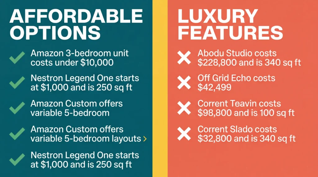 Infographic comparing features and costs of modern tiny houses.
