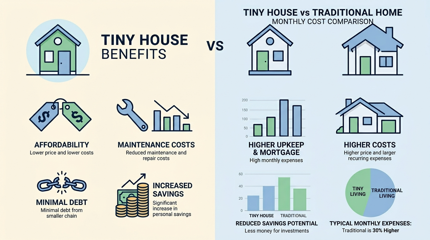 Infographic comparing financial benefits of tiny houses versus traditional homes.