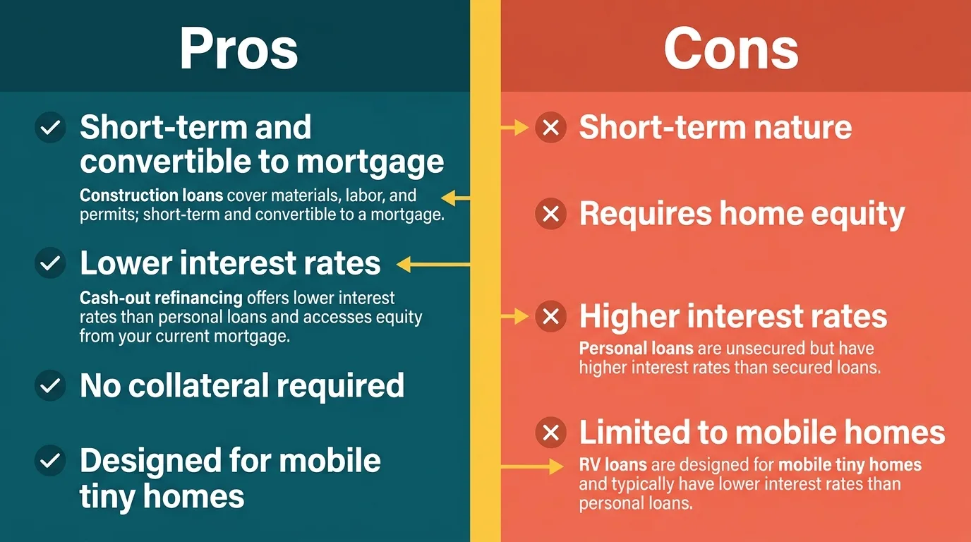 Infographic comparing financing options for tiny homes with pros and cons.