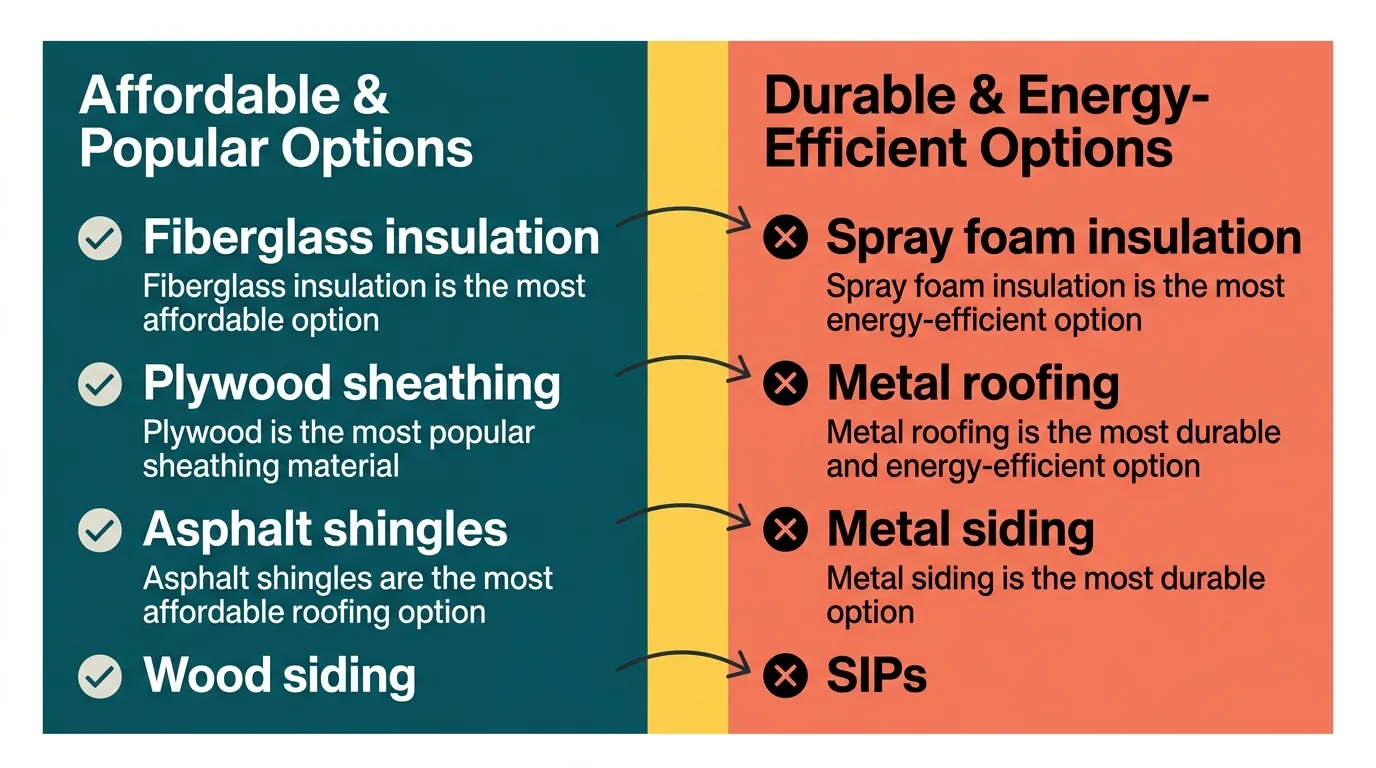 Infographic comparing insulation, sheathing, roofing, and siding materials for tiny houses